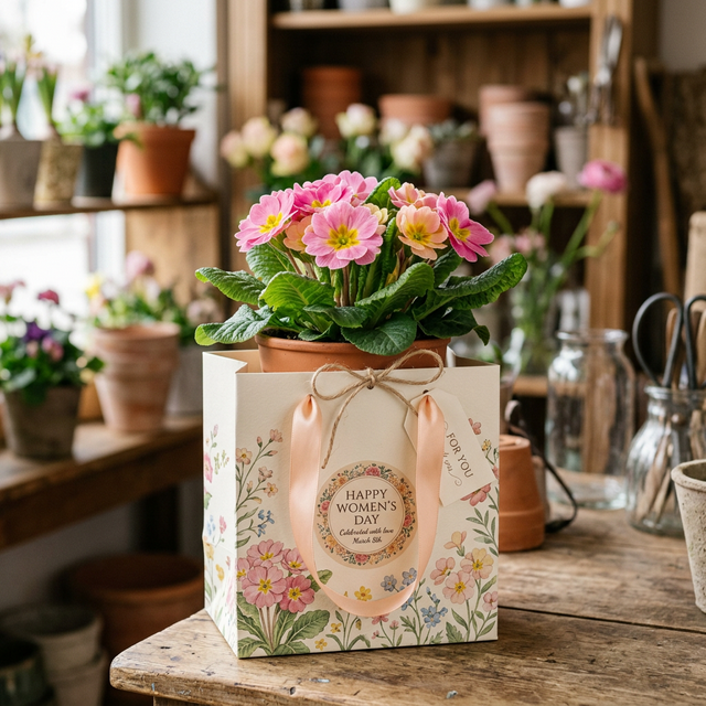 Cserepes Primula ajándéktasakban